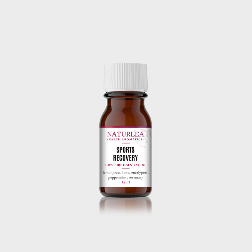 Naturlea Sports Recovery Essential Oil 15mL Bottle on Grey Background. Reduce pain in stressed muscles. 100% Australian Made.