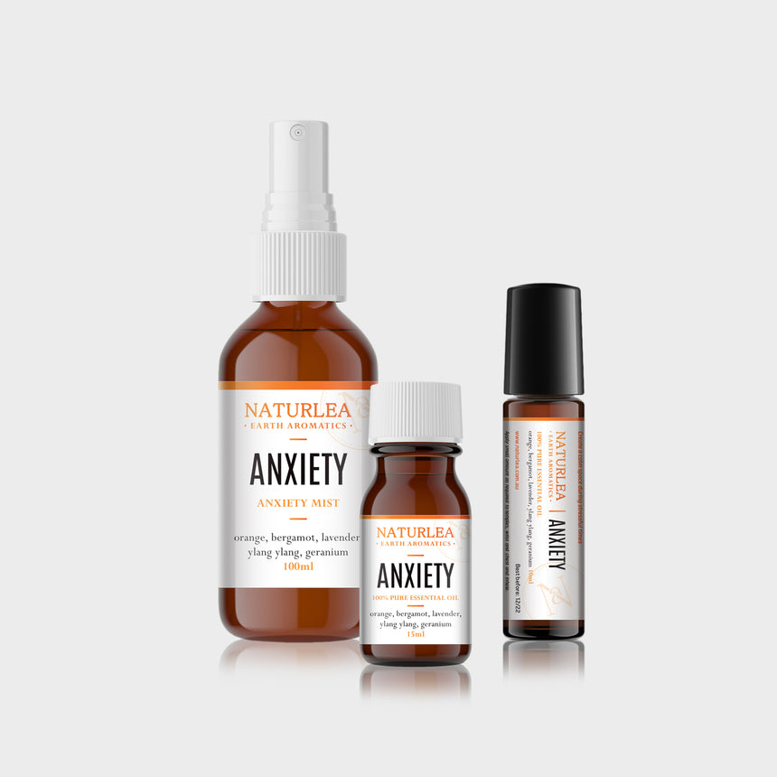 Naturlea Anxiety Mini Kit. Mist spray, essential oil bottle and roll on bottle grouped together. De-stress and unwind.