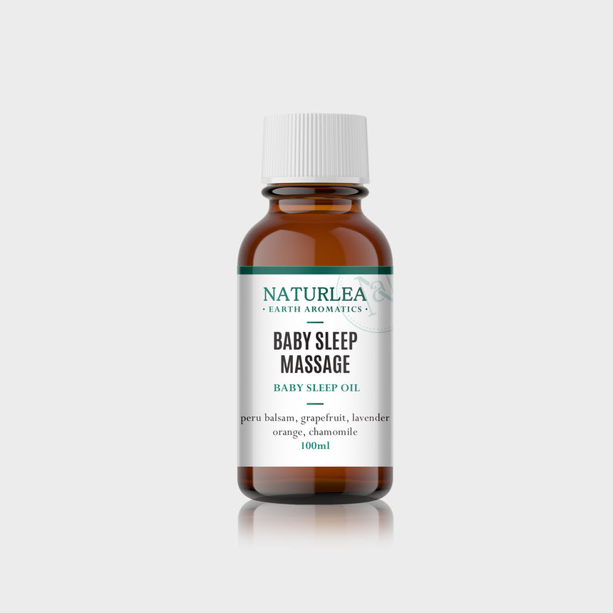 Naturlea Baby Sleep Massage Oil 100mL bottle, grey background. Full body relaxtion while bonding. 100% Australian Made.