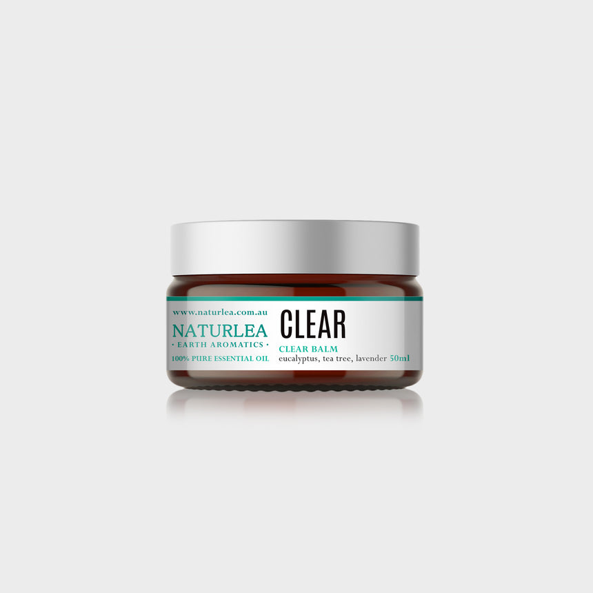 Naturlea Clear Balm 50g Jar on Grey Background. Reduce muscle aches and clear your sinus. 100% Australian Made. 