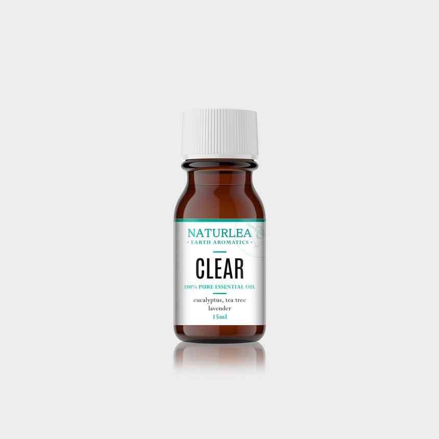 Naturlea Clear Essential Oil 15mL Bottle on Grey Background. Reduce muscle aches and clear your sinus. 100% Australian Made