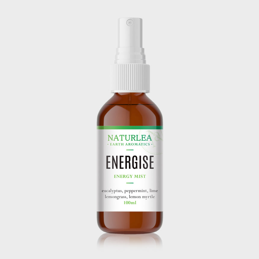 Naturlea Energise Mist 100mL Bottle on Grey Background. Energise your mood and feel refreshed. 100% Australian Made. 