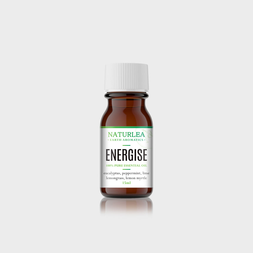 Naturlea Energise Essential Oil 15mL Bottle on Grey Background. Energise your mood and feel refreshed. 100% Australian Made.
