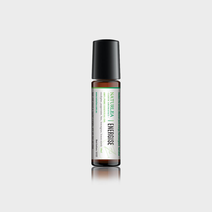 Naturlea Energise Roll-On 10mL Bottle on Grey Background. With Vitamin E. Energise your mood. 100% Australian Made.