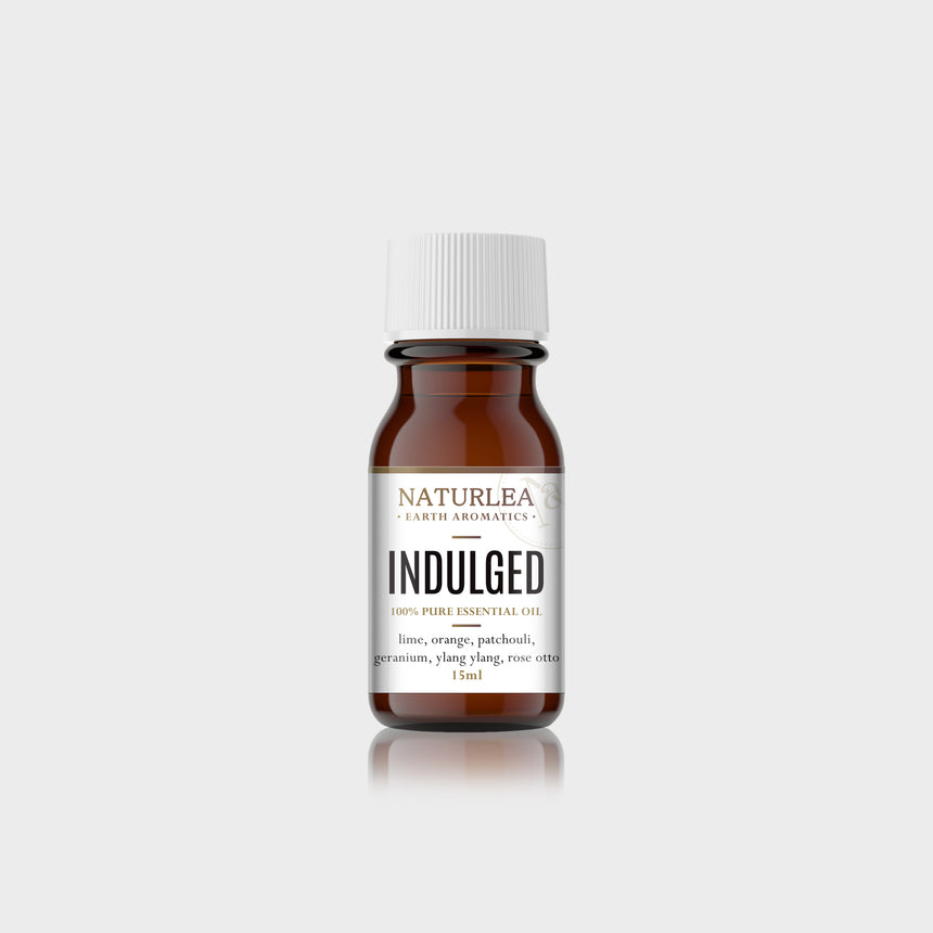 Naturlea Indulged Essential Oil 15mL Bottle on Grey Background. Your time to relax and unwind. 100% Australian Made.