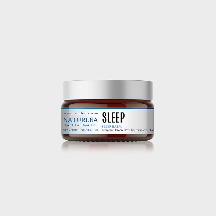 Naturlea Sleep Balm 50g Jar on Grey Background. De-stress and clear the mind before bed. 100% Australian Made. 