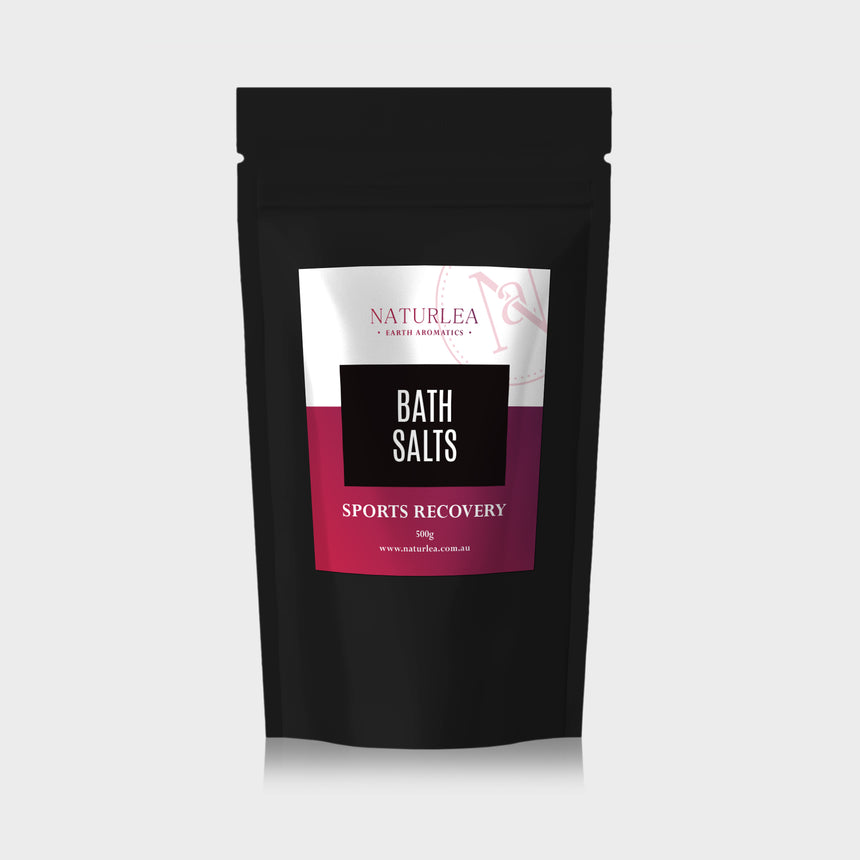 Naturlea Sports Recovery Bath Soak 500g Pouch on Grey Background. Soak your body to relieve aching. 100% Australian Made. 