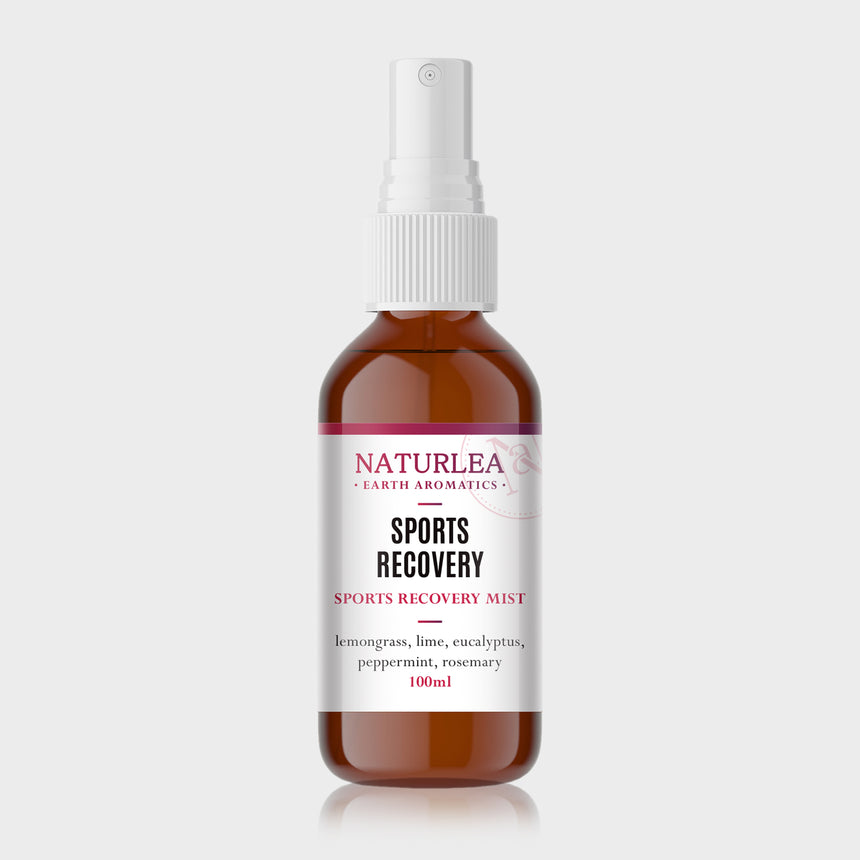 Naturlea Sports Recovery Mist 100mL Bottle on Grey Background. Reduce pain in stressed muscles. 100% Australian Made. 